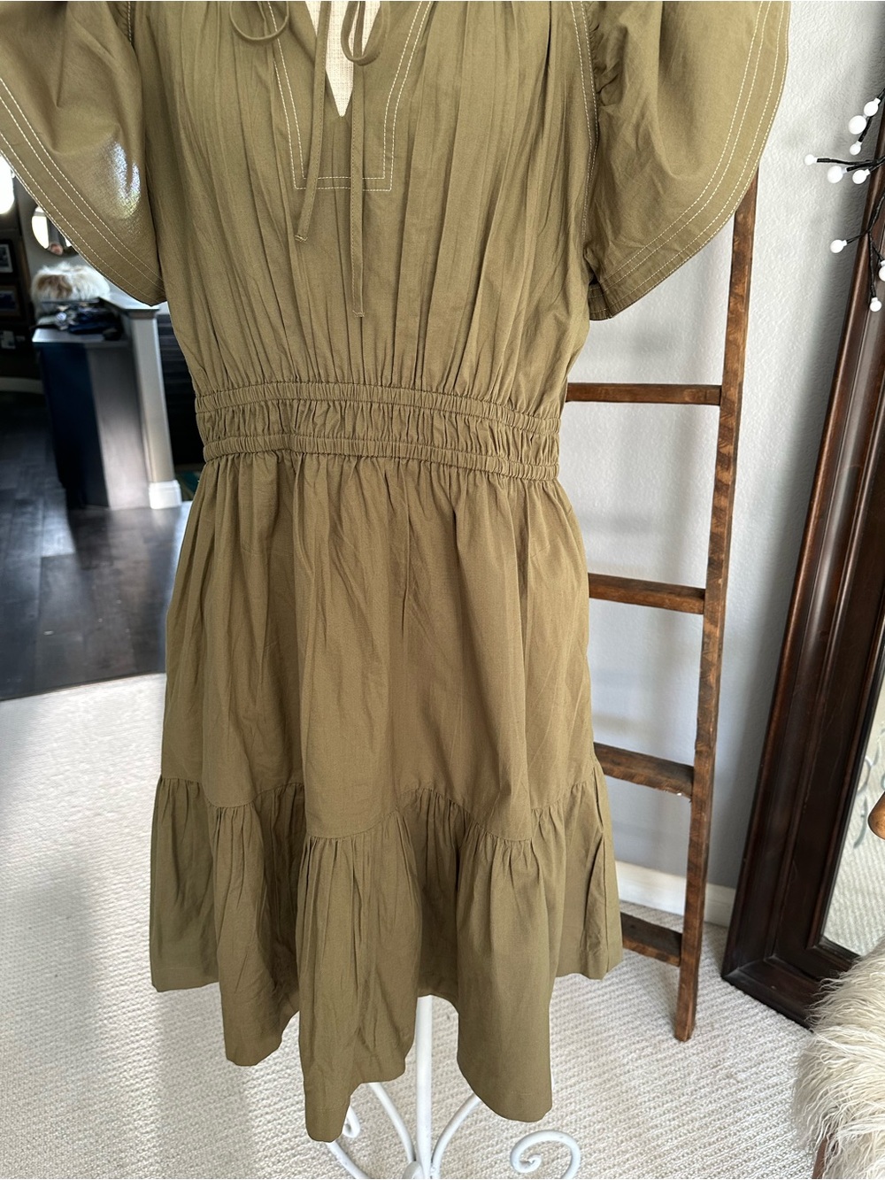 Joe's Jeans Olive Short Sleeve Gathered-Waist Midi Dress, size XL - Picture 3 of 17